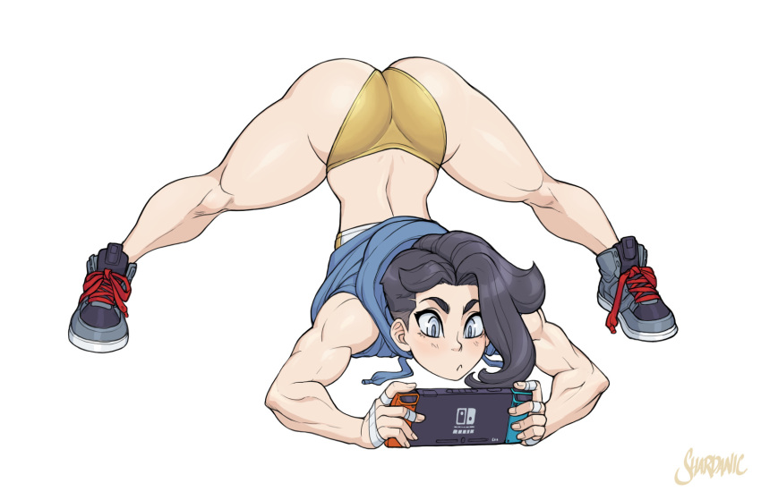 1girls artist_name ass ass bare_shoulders big_ass big_butt black_hair blue_eyes blush boxer-chan buruma flexible hi_res highres hoodie jack-o_pose jacket legs meme multitasking muscular_female nintendo_switch original original_character playing_videogame shardanic short_hair simple_background sleeveless solo thick_thighs thighs top-down_bottom-up white_background