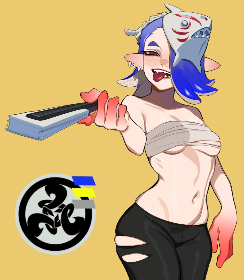 1girls absurd_res bandages bandages_around_chest blue_hair blush chest_wraps deep_cut_(splatoon) earrings fangs female female_only hair_over_one_eye hand_fan light-skinned_female light_skin mask_on_head narrowed_eyes nintendo octoling octoling_girl pants pointy_ears porqueloin red_eyes sarashi shiver_(splatoon) solo splatoon splatoon_3 tentacle_hair tongue_out voluptuous yellow_background