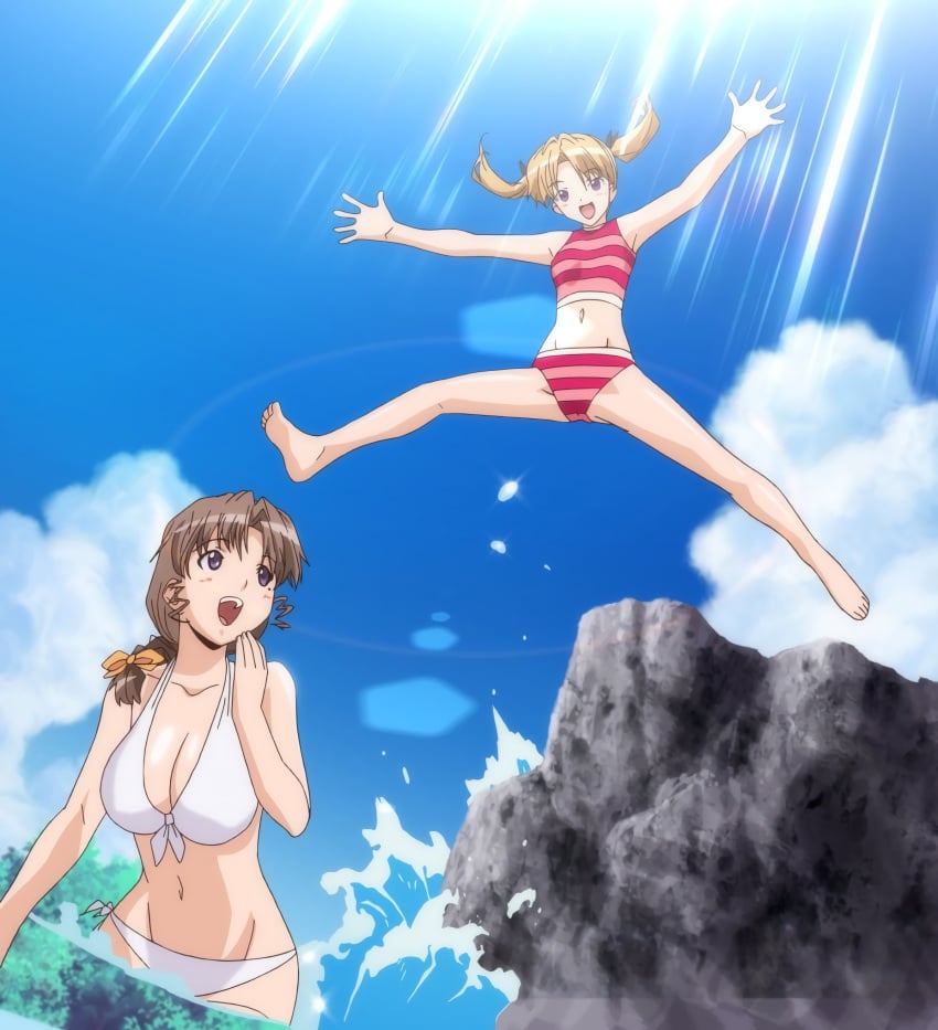 2girls absurdres beach big_breasts bikini blonde_hair braid breasts brown_hair busty cleavage feet female female_only front-tie_bikini_top front-tie_top hair_ribbon happy highres jumping kyoko_(sweet_home) large_breasts leaning_forward legs long_hair mature mature_female mature_woman milf morobashi_kyouko moroboshi_kyouko multiple_girls navel ocean open_mouth purple_eyes ribbon screencap screenshot sisters small_breasts smile stepmother stitched sweet_home swimsuit thighs third-party_edit tomosato_risa twintails voluptuous water white_bikini