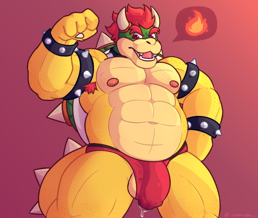 1boy 4_fingers anthro armpit_hair balls bara belly bodily_fluids body_hair bowser bracelet bulge churrosolixoso claws clothing digital_media_(artwork) dragon erection fingers fire gay genital_fluids genitals hair hi_res horn jewelry koopa looking_at_viewer male male/male male_only mario_(series) muscular muscular_anthro muscular_male nintendo nipples nude open_mouth pecs penis precum scales scalie shell simple_background smile solo speech_bubble spikes underwear video_games