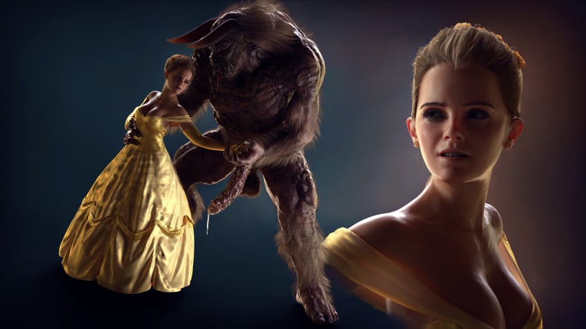 3d beast beast_(disney) beauty_and_the_beast belle breasts celebrity cleavage clothed clothed_female clothing data_mining disney disney_prince disney_princess dress emma_watson fully_clothed hairy hairy_male holding holding_hands huge_cock imminent_rape nude_male standing tagme yellow_clothing