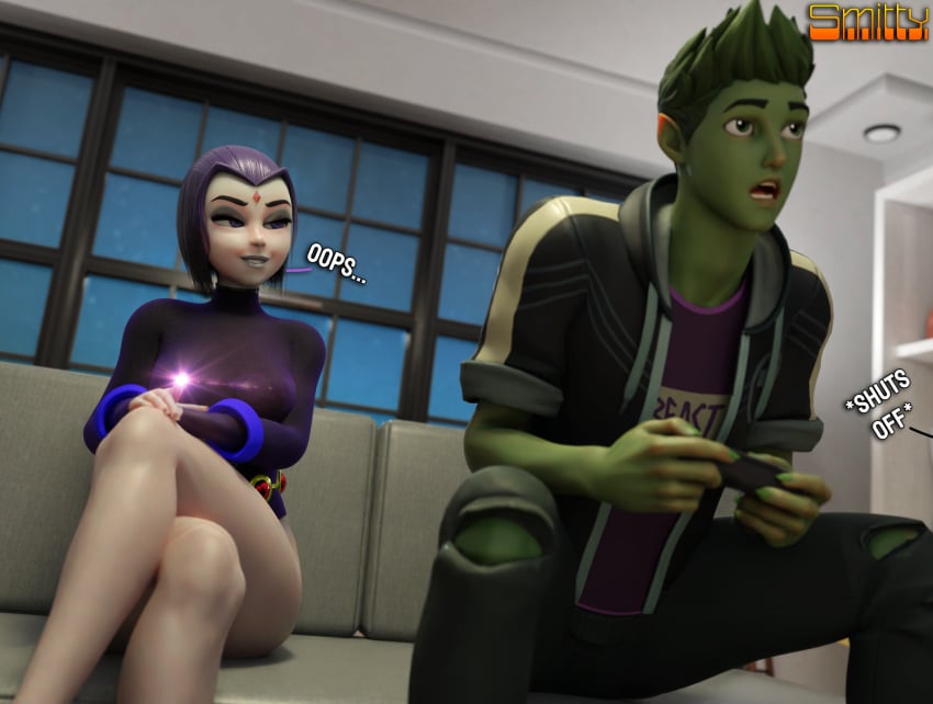 1girls 3d 3d_(artwork) beast_boy blender_(software) bob_cut choking dc dc_comics female forehead_jewel fortnite goth goth_girl grey_skin imminent_deepthroat imminent_oral leotard male medium_hair pale-skinned_female pale_skin petite playing_videogame purple_eyes purple_hair raven_(dc) slim smitty34 smug smug_face sorceress tagme teen_titans teenager text titans video_games