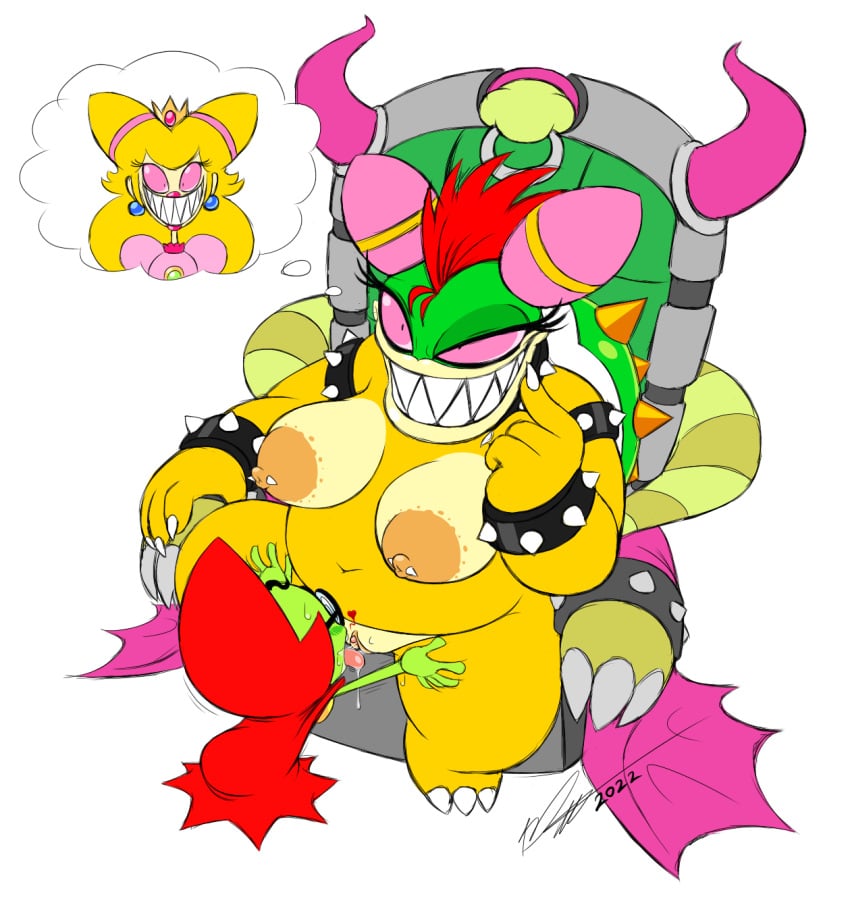 1boy 2girls anthro areolae big_breasts bowletta cackletta fawful hand_on_thigh mario_(series) mario_and_luigi_(series) nipple_piercing nipples princess_peach pussy pussy_juice_drip pussy_licking tagme thick_thighs