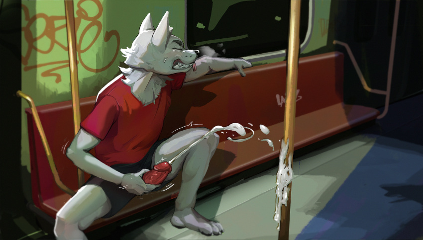 anthro bodily_fluids boner canid canine canis cum erection genital_fluids hi_res male male/male male_only mammal orioz public public_transportation solo subway train vehicle wolf