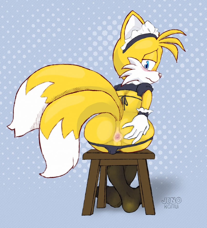 anthro anus ass big_butt blush canid canine clothed clothing femboy fox girly hi_res jenokamui looking_at_viewer maid_uniform male mammal panties panties_down partially_clothed sega sitting solo sonic_(series) sonic_the_hedgehog_(series) spread_anus spreading tails tails_the_fox underwear underwear_down uniform