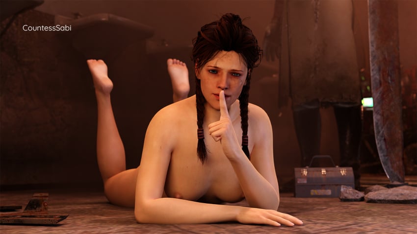 3d 3d_(artwork) blender braided_hair breasts brown_hair clothed_male crossover dbd dead_by_daylight feet foot_fetish konami meg_thomas nude nude_female patreon pyramid_head sabithegreen silence_gesture silent_hill silent_hill_2 soles twitter_username