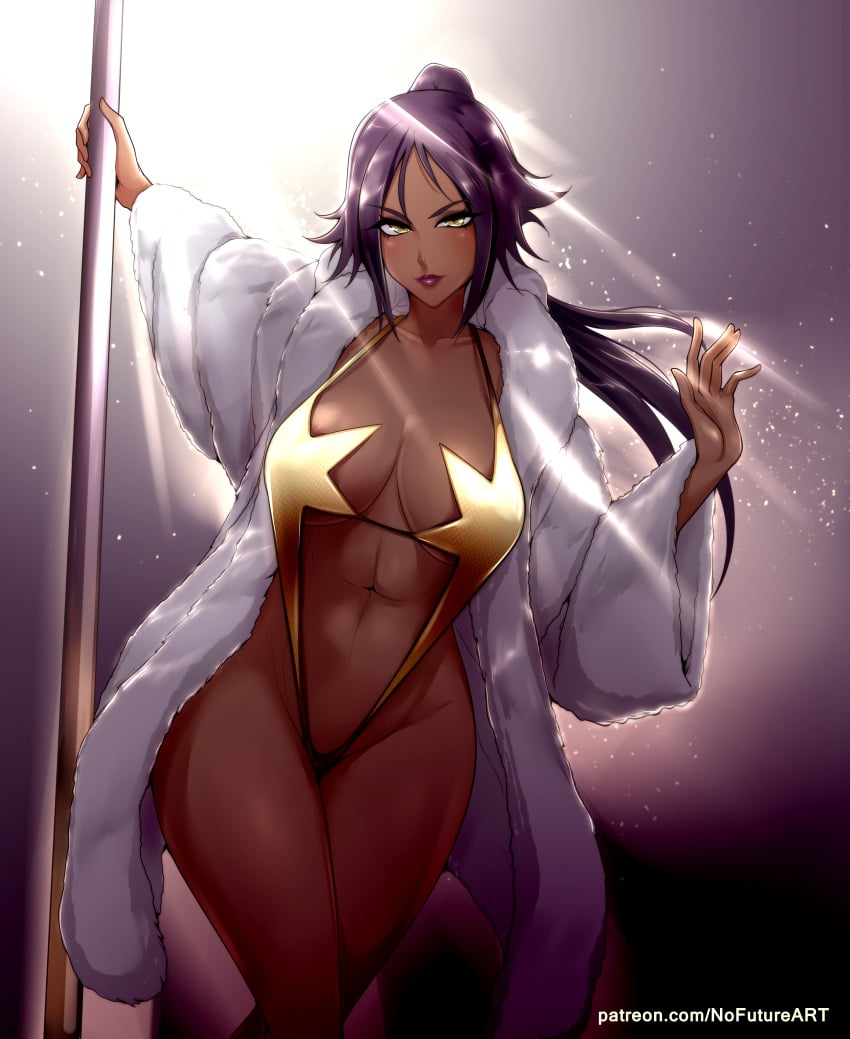 1girls abs bleach breasts brown_skin coat dark-skinned_female dark_skin female fur_coat hi_res hips indoors large_breasts long_hair looking_at_viewer naughty_face nofuture open_coat ponytail purple_hair shihouin_yoruichi slim_waist sling_bikini star_bikini stripper_pole thick_lips thick_thighs thighs toned wide_hips yellow_eyes