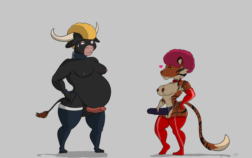 1boy 1girls absurd_res afro anthro bovid bovine cattle dildo felid female gynomorph gynomorph/female hi_res hybrid intersex intersex/female joe_(panthra78) louis_(panthra78) mammal muscular overweight overweight_gynomorph overweight_intersex pantherine panthra78 sex_toy size_difference small_dom_big_sub strap-on tiger