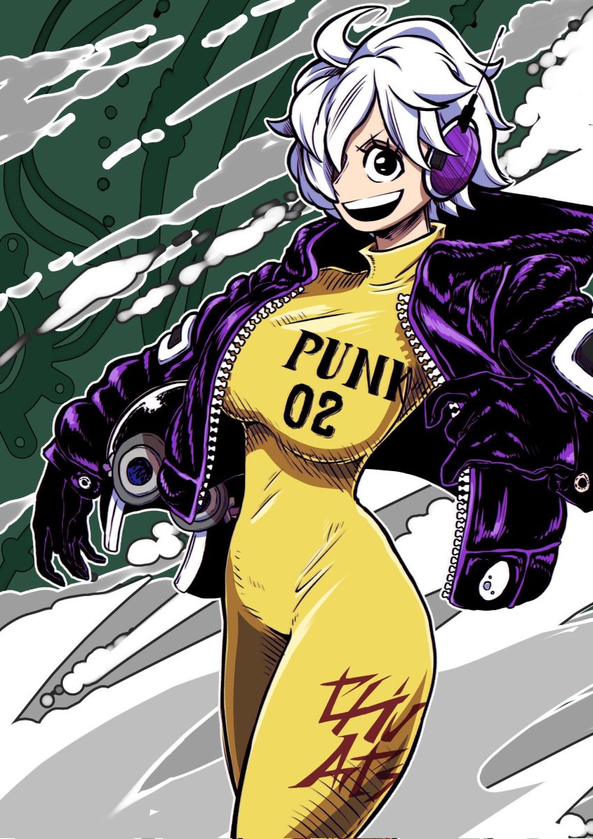 1girls big_breasts black_eyes bodysuit_and_jacket bodysuit_under_clothes breasts clothing complex_background english_text female female_only hair hair_over_one_eye headgear headwear helmet jacket number one_piece smile steam text tight_clothes tight_clothing tight_fit tights vegapunk_lilith white_hair