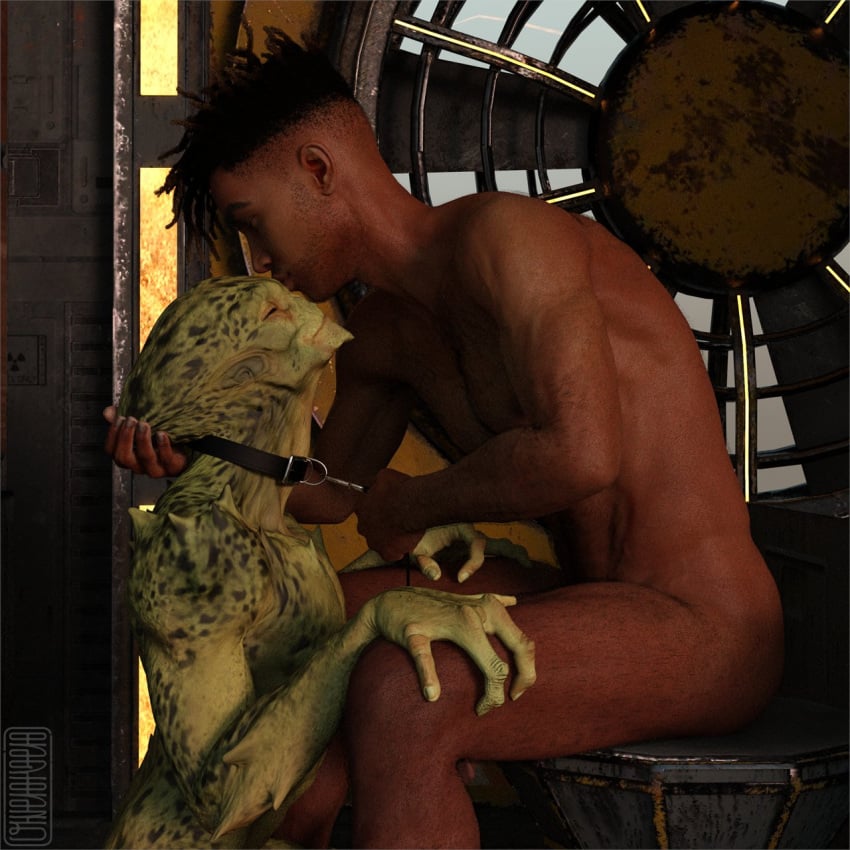 2020 3d_(artwork) 4_fingers abs alien athletic blender_(software) closed_eyes digital_media_(artwork) dominant dominant_male dreadlocks duo fingers green_body hand_on_knee hand_on_leg hi_res human humanoid inside jonah_(ugnaughtsden) kissing_forehead leash leash_pull male male/male mammal monster noseless nude pecs quads smile spikes submissive submissive_male teratophilia ugnaughtsden unknown_species unusual_anatomy wholesome