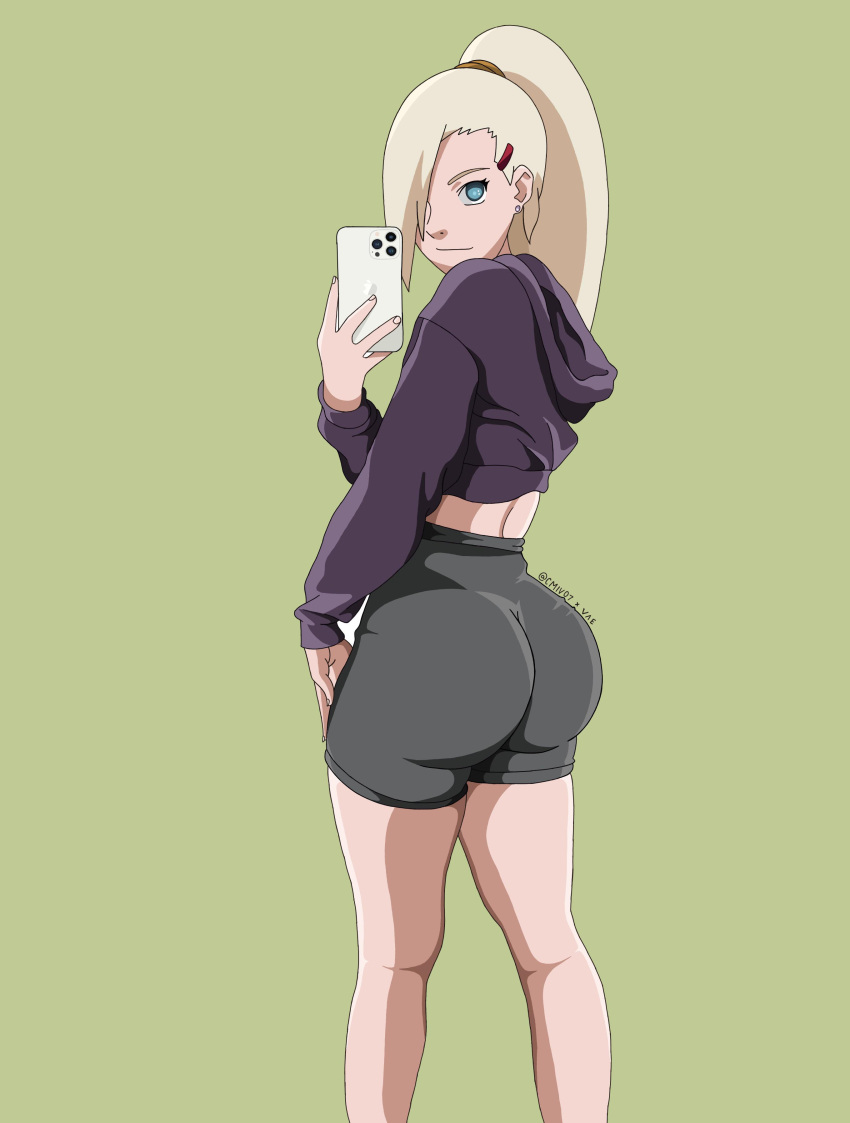 1girls alternate_costume ass big_ass bike_shorts blonde_hair blue_eyes cellphone cmiv07 female female_only from_behind hair_over_one_eye holding_cellphone holding_object hoodie ino_yamanaka jacket looking_at_viewer looking_back naruto naruto_(series) naruto_shippuden plain_background ponytail presenting presenting_ass presenting_hindquarters round_ass selfie simple_background solo solo_focus spats tied_hair tight_bottomwear tight_clothing tight_shorts