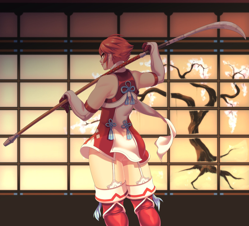 1girls ass back_view bare_arms bare_thighs big_ass boots elbow_gloves female fire_emblem fire_emblem_fates garter_straps gloves hinoka_(fire_emblem) indoors looking_back muscular muscular_female naginata nintendo no_panties red_eyes red_hair scarf seios short_hair smile thick_thighs thigh_boots thighhighs thighs toned toned_female tree very_short_hair weapon