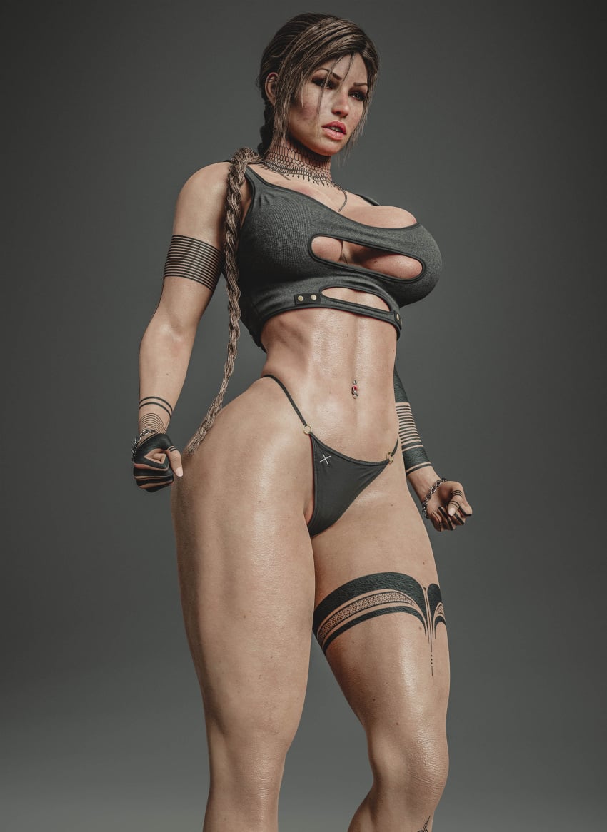 3d athletic_female big_breasts breasts busty female female_focus female_only hourglass_figure kisxsfm lara_croft lara_croft_(classic) pinup pinup_pose solo tattoo thong tomb_raider wide_hips