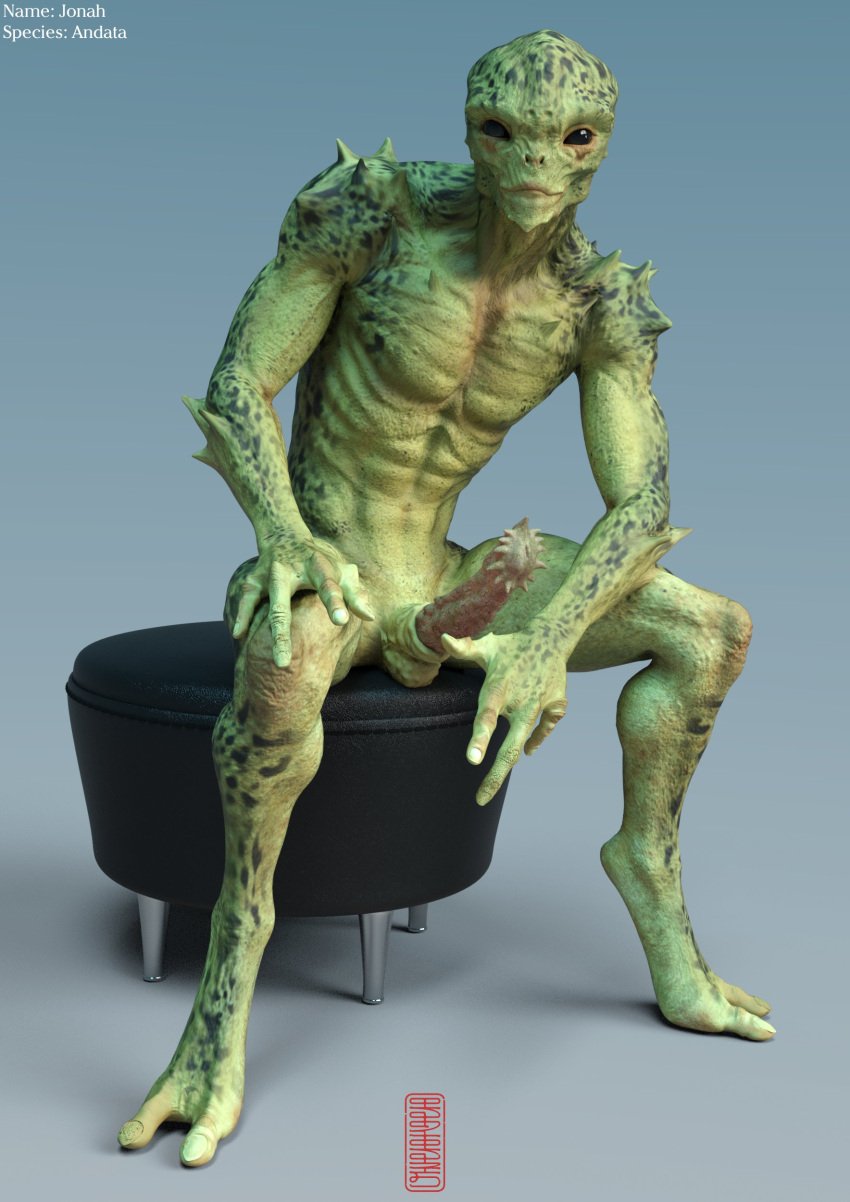 1boy 2020 2_toes 3d_(artwork) 4_fingers abs absurd_res alien athletic black_eyes blender_(software) dicks_only digital_media_(artwork) erection feet fingers genitals green_body hand_on_leg hi_res humanoid jonah_(ugnaughtsden) looking_at_viewer male monster mouth_closed navel noseless pecs penis quads simple_background sitting smile solo spikes teeth teratophilia toes ugnaughtsden unknown_species unusual_anatomy unusual_genitalia