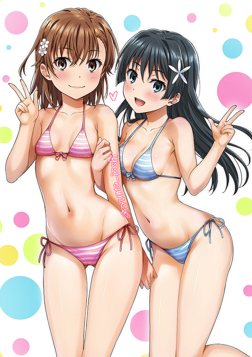 2020s 2022 2girls bikini black_hair blue_bikini blue_eyes blush breasts brown_eyes brown_hair cleavage female female_only flower gluteal_fold hair_flower hair_ornament halterneck highres isshi_pyuma long_hair looking_at_viewer medium_breasts misaka_mikoto multiple_girls navel pink_bikini saten_ruiko short_hair side-tie_bikini_bottom simple_background small_breasts smile standing string_bikini striped striped_bikini swimsuit teenage_girl teenager to_aru_kagaku_no_railgun to_aru_majutsu_no_index v white_background young