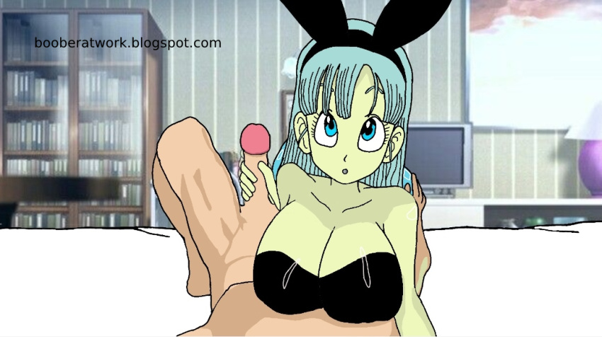 1girls big_breasts booberatwork bulma_(bunny) bulma_(dragon_ball) bulma_briefs bunny_ears bunnysuit cute dragon_ball dragon_ball_(classic) eye_contact female handjob huge_breasts looking_at_viewer penis petite pov pov_eye_contact slim stroking teenage_bulma teenager wanking