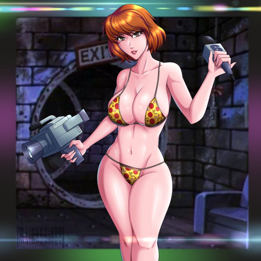 1girls april_o'neil april_o'neil_(tmnt_1987) big_breasts bikini breasts busty cleavage female female_only large_breasts legs lipstick navel orange_hair pizza pizza_bikini red_lipstick short_hair smile solo teenage_mutant_ninja_turtles thick_thighs thighs toned