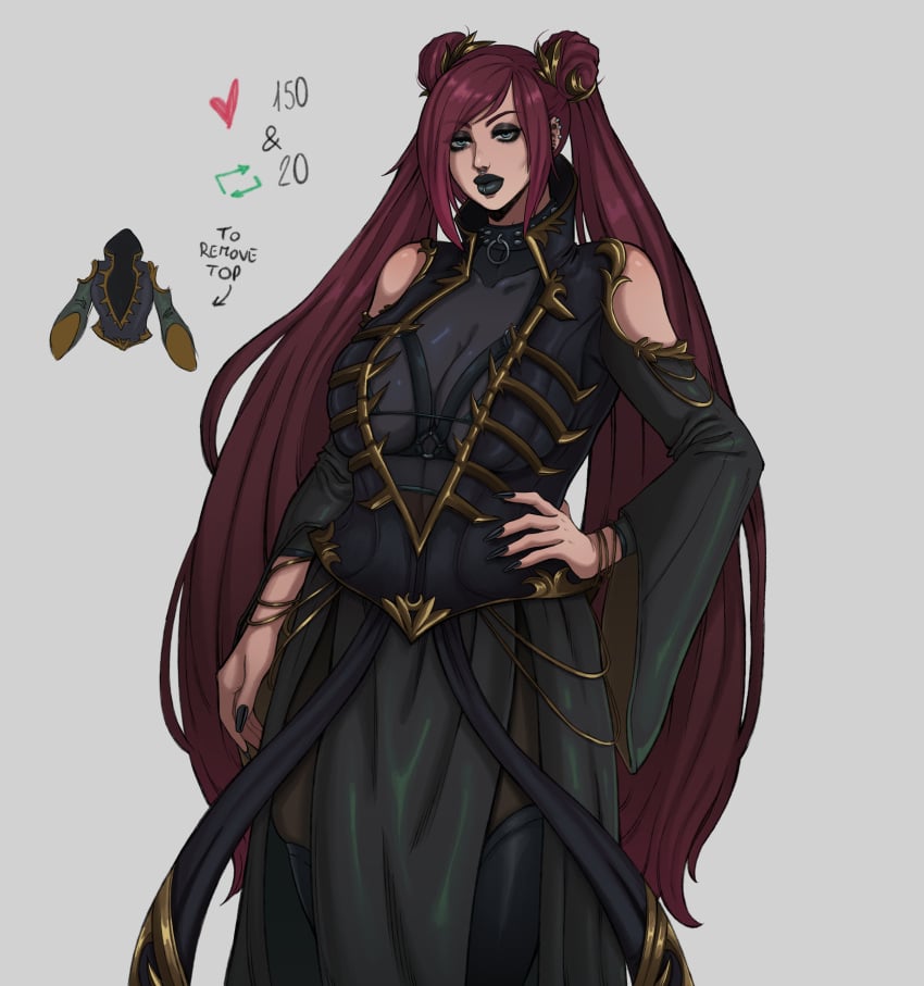 1girls bare_shoulders black_and_gold black_clothing black_lipstick black_nails blue_eyes corset dress ear_piercing fully_clothed golden_hair_ornaments hand_on_waist league_of_legends long_hair looking_at_viewer nose_piercing pentakill_iii:_lost_chapter pentakill_iii:_lost_chapter_sona pepprnsalt pierced_lip piercing red_hair sona_buvelle strip_game