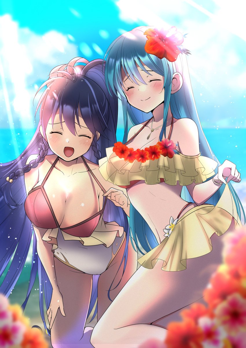 2girls :d absurdres alternate_costume aqua_hair ass azusa_(azchemist63) babybreath63 bare_shoulders bikini blue_hair blush braid breasts cameltoe cleavage closed_eyes collarbone covered_navel eirika_(fire_emblem) eirika_(summer)_(fire_emblem) female female_only fire_emblem fire_emblem:_the_sacred_stones fire_emblem_heroes flower hibiscus highres jewelry large_breasts layered_bikini leaning_forward lifted_by_self long_hair looking_at_viewer medium_breasts multiple_girls necklace nintendo official_alternate_costume one-piece_swimsuit open_mouth ponytail red_bikini red_swimsuit skirt_hold smile sunlight swimsuit tana_(fire_emblem) tana_(summer)_(fire_emblem) teasing twin_braids twintails two-tone_bikini very_long_hair white_one-piece_swimsuit yellow_bikini yellow_swimsuit