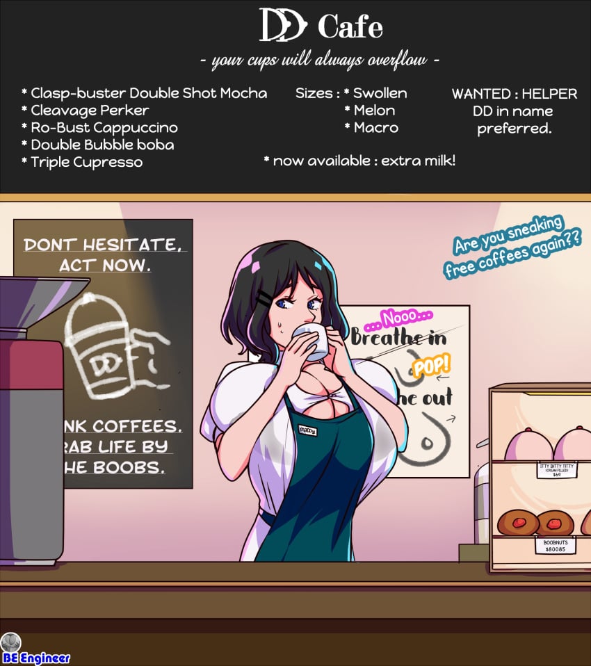 1girls bar beengineer big_breasts breast_expansion button_pop coffee_shop huge_breasts inherentlysostrange tagme transformation