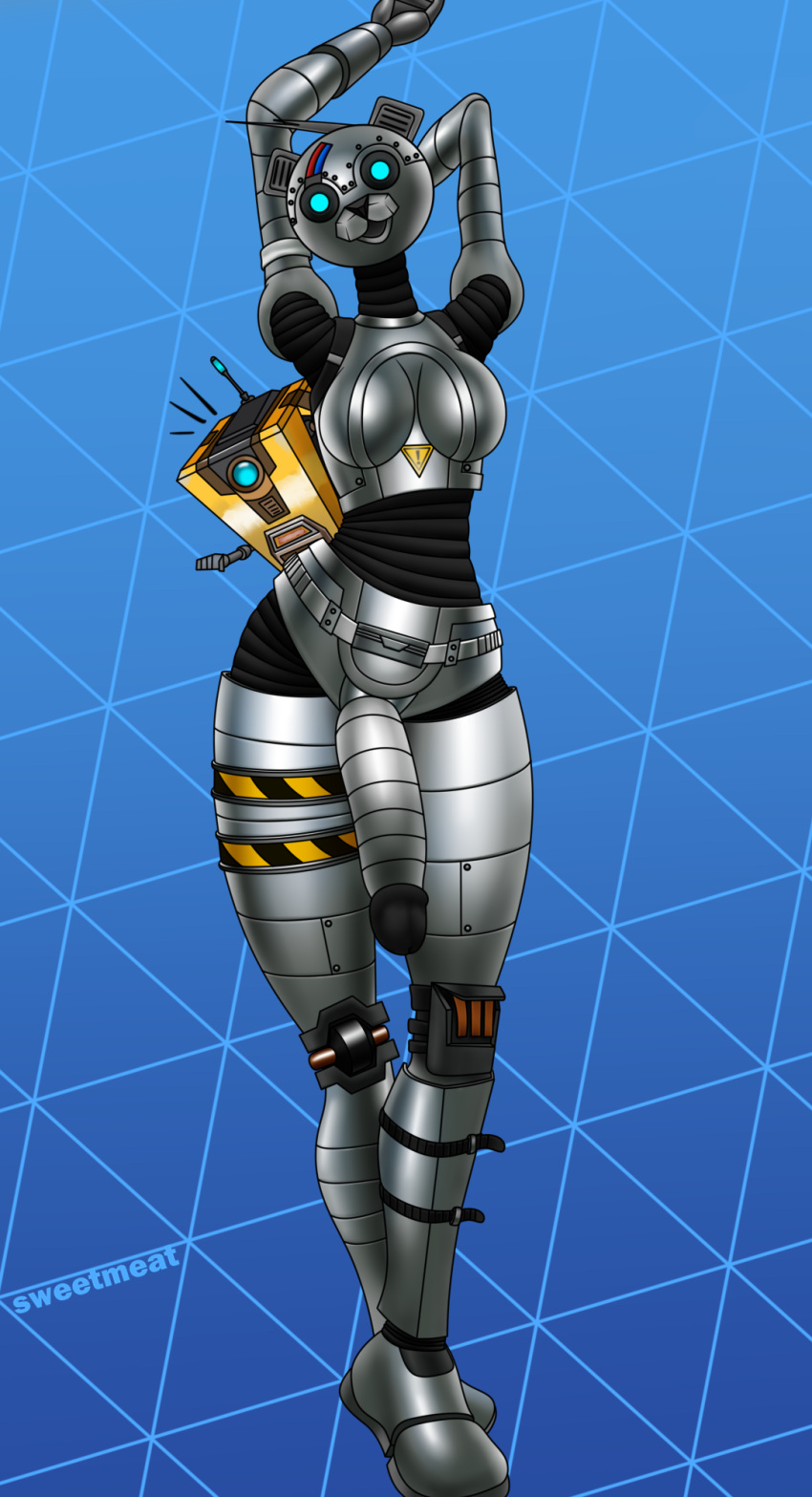 anthro biped blue_eyes borderlands claptrap epic_games fortnite fortnite:_save_the_world futanari genitals glistening glistening_body gynomorph hi_res intersex machine mammal metal_team_leader metallic_body penis robot simple_background solo sweetmeat ursid video_games