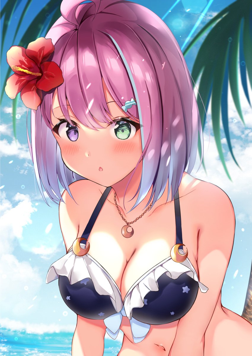 1girls ahoge beach belly belly_button big_breasts bikini bikini_top blue_bikini blush blushing_at_viewer bob_cut bob_hair breasts bust busty candy_hair_ornament cleavage cute cute_face flower flower_in_hair food_themed_hair_ornament frilly_bikini golden_necklace gradient_hair green_eyes heterochromia high_resolution highres himemori_luna holoforce hololive hololive_japan light-blue_hair light-skinned_female light_skin necklace nekousagi no_sex pink_eyes pink_hair princess red_flower safe_for_work sfw short_hair small_mouth solo streamer triangle_mouth virtual_youtuber vtuber white_skinned_female young_woman youtuber