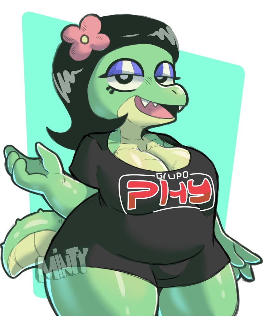 1girls anthro anthro_only arms_up black_hair clothed clothing crocodile crocodilian doomverse dulcinee_(doomverse) fangs female female_focus female_only flower flower_in_hair hair half-closed_eyes looking_at_viewer minty_(artist) open_mouth reptile reptile_humanoid scalie shirt simple_background solo tail