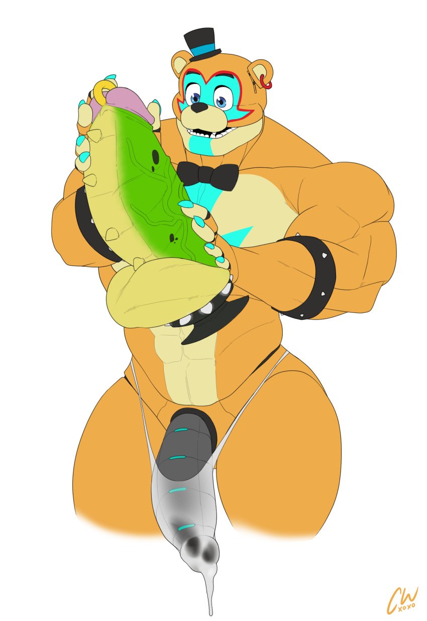 2022 animatronic anthro armband biceps big_dildo bodily_fluids boner bow_tie charcoalwaffle26 claws clothed clothing cum cum_in_clothing cum_in_underwear cum_through_clothing cum_through_thong cum_through_underwear cwaffle dildo ear_piercing ear_ring erection erection_under_clothing eyebrows facial_markings five_nights_at_freddy's five_nights_at_freddy's:_security_breach genital_fluids genital_piercing genitals glamrock_freddy_(fnaf) hat head_markings headgear headwear hi_res holding_dildo holding_object holding_sex_toy huge_dildo huge_thighs humanoid_genitalia humanoid_penis machine male male_only mammal markings montgomery_gator_(fnaf) muscular muscular_anthro muscular_male pecs penis penis_piercing piercing prince_albert_piercing ring_piercing robot scottgames sex_toy simple_background smile solo spiked_armband spiked_penis spikes spikes_(anatomy) standing teeth thick_dildo thick_thighs thong top_hat translucent translucent_clothing translucent_thong translucent_underwear underwear ursid vein video_games wet wet_clothing wet_thong wet_underwear white_background