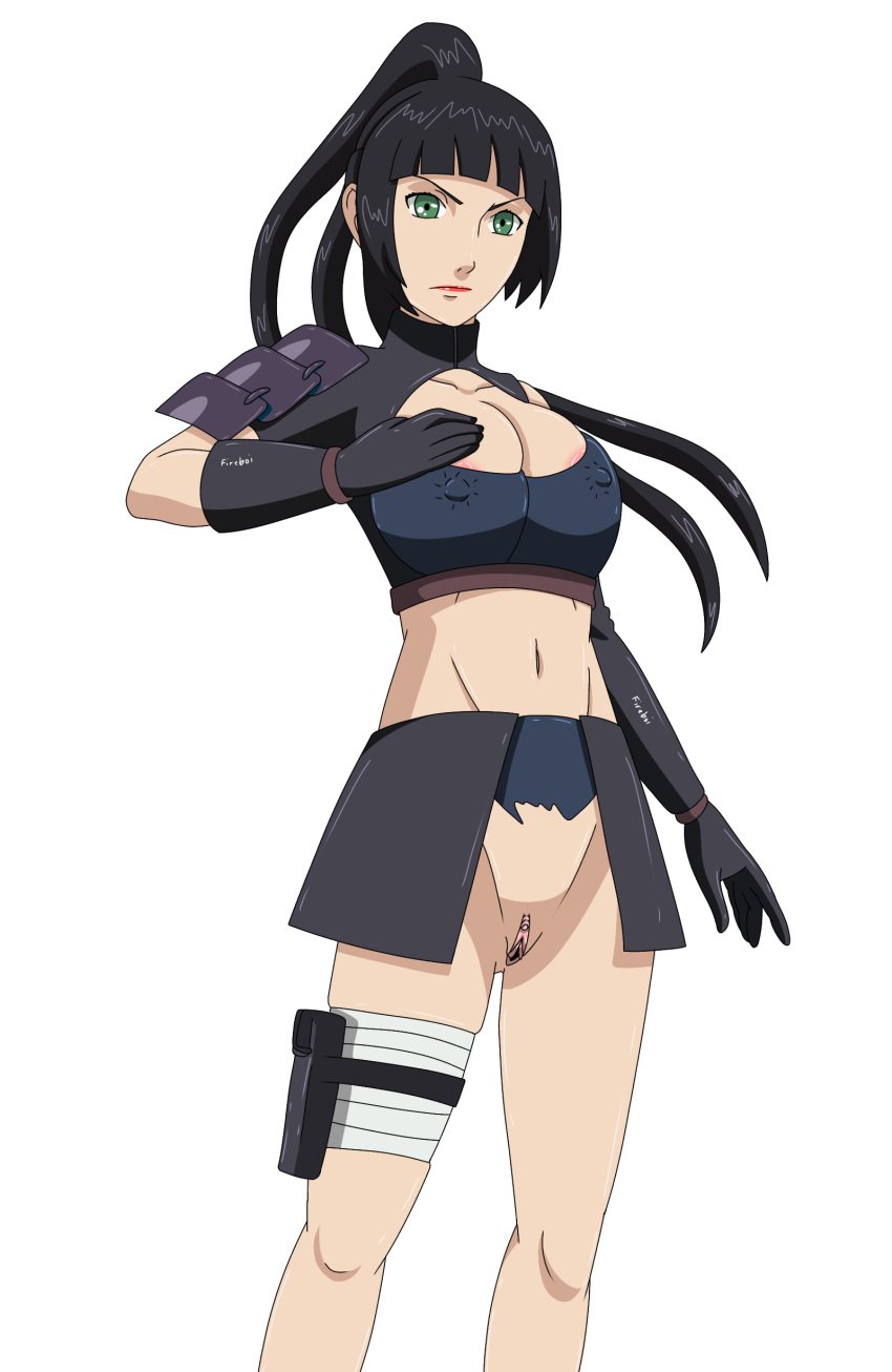 1girls bare_chest bare_legs black_hair blunt_bangs bottomless center_opening crop_top cutout erect_nipples erect_nipples_under_clothes exposed_pussy female female_only fighting_stance fireboi gloves green_eyes hime_cut kunoichi midriff miniskirt naruto naruto_(series) naruto_shippuden ninja nipples no_bra no_panties partially_clothed ponytail pubic_hair pussy shirt shizuka_(naruto) shoulder_pads skirt solo solo_female solo_focus tied_hair very_long_hair