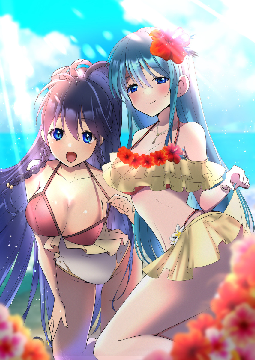 2girls absurdres alternate_costume aqua_hair ass azusa_(azchemist63) bare_shoulders bikini blue_eyes blue_hair braid breasts cleavage collarbone covered_navel eirika_(fire_emblem) eirika_(summer)_(fire_emblem) female female_only fire_emblem fire_emblem:_the_sacred_stones fire_emblem_heroes flower hibiscus highres jewelry large_breasts leaning_forward lifted_by_self long_hair looking_at_viewer medium_breasts multiple_girls necklace nintendo official_alternate_costume one-piece_swimsuit open_mouth ponytail red_bikini red_swimsuit skirt_hold smile sunlight swimsuit tana_(fire_emblem) tana_(summer)_(fire_emblem) teasing twin_braids twintails two-tone_bikini very_long_hair white_one-piece_swimsuit yellow_bikini yellow_swimsuit