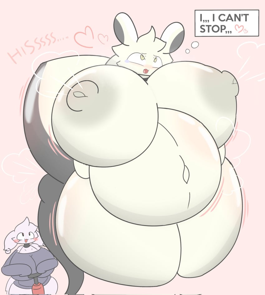 air_inflation air_lactation aru_(zaclyn) ass_expansion belly_expansion big_breasts breast_expansion cute furry heart-shaped_pupils inflation leaking_air royce_(zaclyn) thought_bubble zaclyn