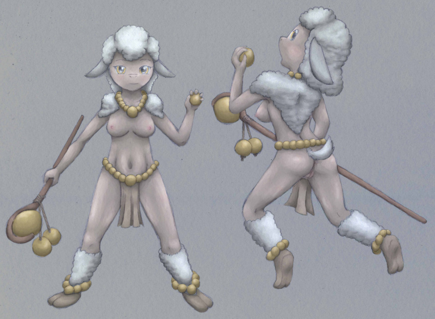 animew anthro bottomwear bovid breasts caprine clothed clothing cloven_hooves eyebrows female fur genitals hi_res holding_object holding_staff hooves jewelry loincloth looking_at_viewer mammal navel necklace nipples partially_clothed pussy scut_tail sheep short_tail simple_background solo staff standing surprised_expression tan_body tribal tribal_clothing tribal_jewelry white_body white_fur wool_(fur)