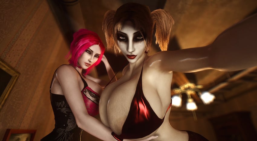 2girls 3d 3d_(artwork) alternate_breast_size athletic athletic_female bare_shoulders big_breasts bikini_top black_corset blonde_hair breasts breasts_bigger_than_head busty cleavage clothed clothed_female corset curvaceous curvy curvy_figure dark_fantasy dark_hair eyebrows eyelashes female female_only goth goth_girl gothic hair highres hips hourglass_figure huge_breasts humanoid hyper hyper_breasts jeanette_voerman large_breasts light-skinned_female light_skin lips looking_at_viewer makeup malkavian nipples nose pale-skinned_female pale_skin pigtails ponytail red_hair selfie_pose string_bikini_top top_heavy toreador_(vtm) twintails upper_body vaako vampire vampire_girl vampire_the_masquerade vampire_the_masquerade_bloodlines velvet_velour virt-a-mate virtamate voluptuous wide_hips world_of_darkness