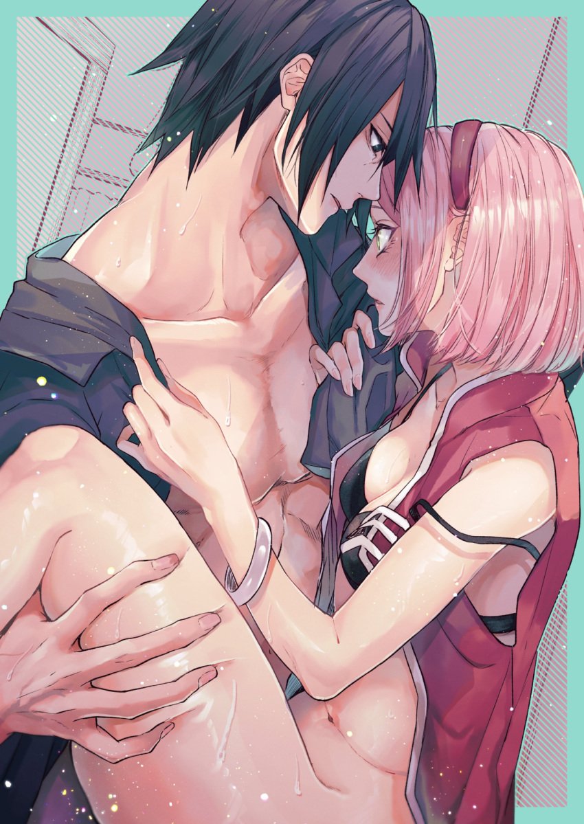 1boy 1girls bare_arms black_bra black_eyes black_hair black_shirt blush bra bracelet breasts cleavage collarbone couple dress_shirt female green_eyes hairband highres human jacket jewelry looking_down male naruto navel open_clothes open_jacket open_mouth open_shirt pink_hair red_hairband red_jacket sakura_haruno sasuke_uchiha sex shiny shiny_hair shirt short_hair sleeveless sleeveless_jacket small_breasts straight strap_slip suzu_(tg_390) thigh_grab underwear