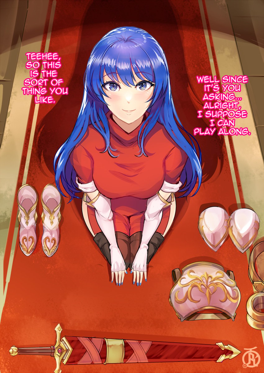 1girls armor armored_boots artist_logo bad_id bad_imgur_id bangs bare_thighs begging blue_eyes blue_hair blue_nails blush boots breastplate breasts caeda_(fire_emblem) closed_mouth clothed clothes_laid_out clothes_removed consensual dogeza dominant_pov dress elbow_gloves english_text equipment_layout fellatio_gesture female female_only femsub fingerless_gloves fire_emblem fire_emblem:_mystery_of_the_emblem fire_emblem:_shadow_dragon_and_the_blade_of_light folded_clothes footwear from_above gloves happy_sub highres kneeling long_hair looking_at_viewer looking_up looking_up_at_viewer male_pov medium_breasts nail_polish nintendo on_floor open_mouth pauldrons pegasus_knight_uniform_(fire_emblem) pelvic_curtain pov princess red_dress removed_clothing revolverwingstudios roleplay royalty seiza sheath sheathed shoes short_dress short_sleeves shoulder_armor sitting smile solo sword text thighhighs thighs unworn_armor unworn_boots unworn_clothes weapon