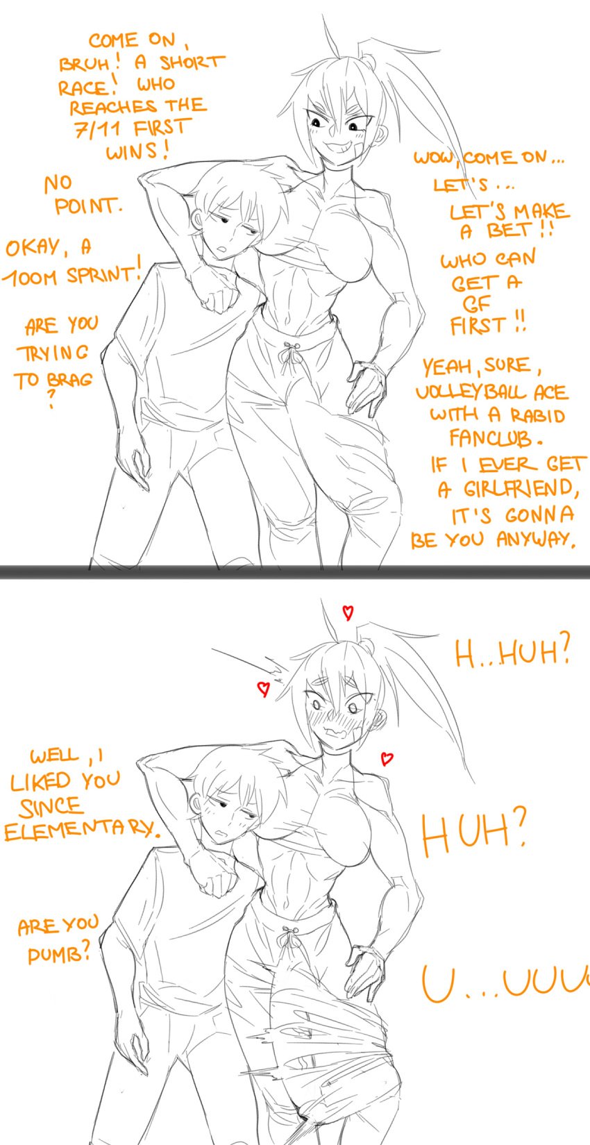 1boy 1futa 2022 2koma arm_around_shoulder balls blush breasts bulge clothed clothing comic duo english_text erection erection_under_clothes flustered fully_clothed futanari hand_on_hip heart hearts_around_head huge_cock human infatuation long_hair love_confession male pants panzermeido penis ponytail secunduspublius shorter_male simple_background sketch sleeveless sports_bra standing sweatpants taller_futanari text tomboy toned toned_futa torn_clothes torn_pants uncommon_stimulation veiny_penis wardrobe_malfunction white_background wholesome