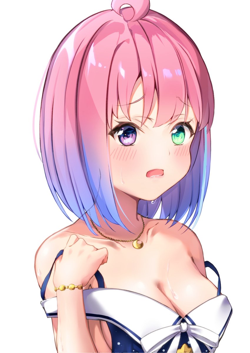 ahoge blue_dress blush bob_cut bob_hair breasts bust busty cleavage cleavage_dress cute cute_face dress dress_lift eyebrows_visible_through_hair female female_only golden_necklace gradient_hair green_eyes heated heterochromia high_resolution highres himemori_luna holoforce hololive hololive_japan light-blue_hair light-skinned_female light_skin necklace neckline nekousagi no_sex pink_eyes pink_hair princess safe_for_work sfw short_hair side_boob streamer sweat sweatdrop sweaty_breasts taking_clothes_off taking_off_dress virtual_youtuber vtuber white_background white_skinned_female young_woman youtuber