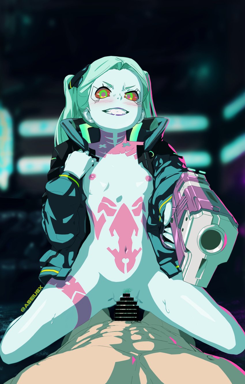 1boy 1girls absurdres aiming_at_viewer aseiusx bar_censor black_jacket blurry blurry_background blush breasts censored colored_sclera colored_skin cowgirl_position cyberpunk:_edgerunners cyberpunk_2077 evil_grin evil_smile female femdom flat_chest flat_chested forced green_hair grin gun handgun highres holding holding_gun holding_weapon jacket leg_tattoo long_hair long_sleeves looking_at_viewer naked_jacket navel nipples open_clothes open_jacket penis pov purple_lips pussy pussy_juice questionable_consent rape rebecca_(edgerunners) red_eyes red_sclera reverse_rape sex small_breasts smile solo_focus stomach_tattoo straddling straight tattoo twintails vaginal_penetration weapon white_skin