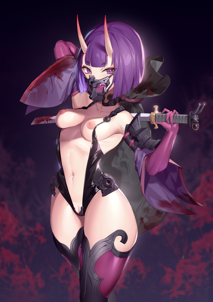 absurdres blood blood_on_clothes blood_on_face blush bob_cut breasts elbow_gloves fangs fate/grand_order fate_(series) female fishnets gloves highres horns jingb_dx katana leotard mask medium_breasts mouth_mask navel nipples oni oni_horns purple_eyes purple_hair pussy pussy_peek see-through short_eyebrows shuten_douji_(fate) sideboob solo sword taimanin_(series) thick_thighs thighhighs thighs weapon