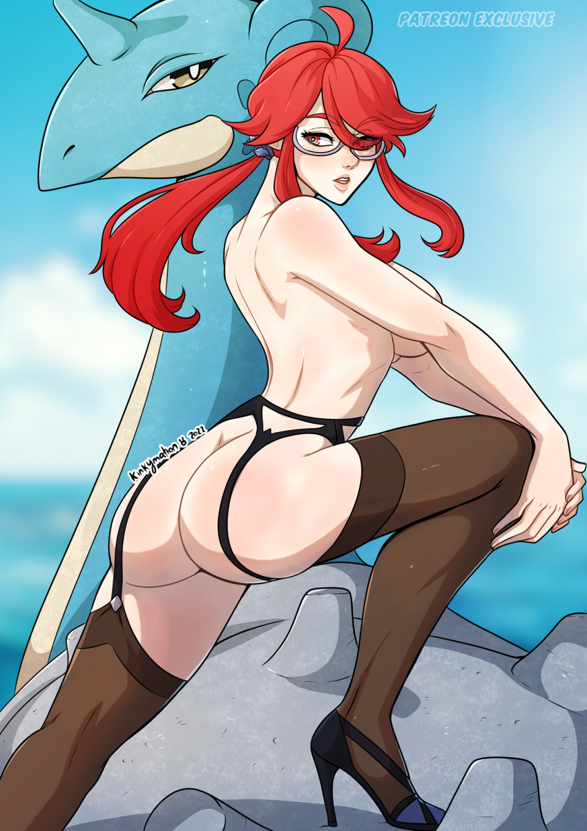 1girls ass female female_only from_behind garter_belt garter_straps glasses heart-shaped_pupils heels kinkymation lapras long_hair looking_at_viewer lorelei_(pokemon) lorelei_(pokemon_lgpe) mostly_nude nintendo pokémon_(species) pokemon pokemon_rgby red_eyes red_hair side_view solo solo_female stockings