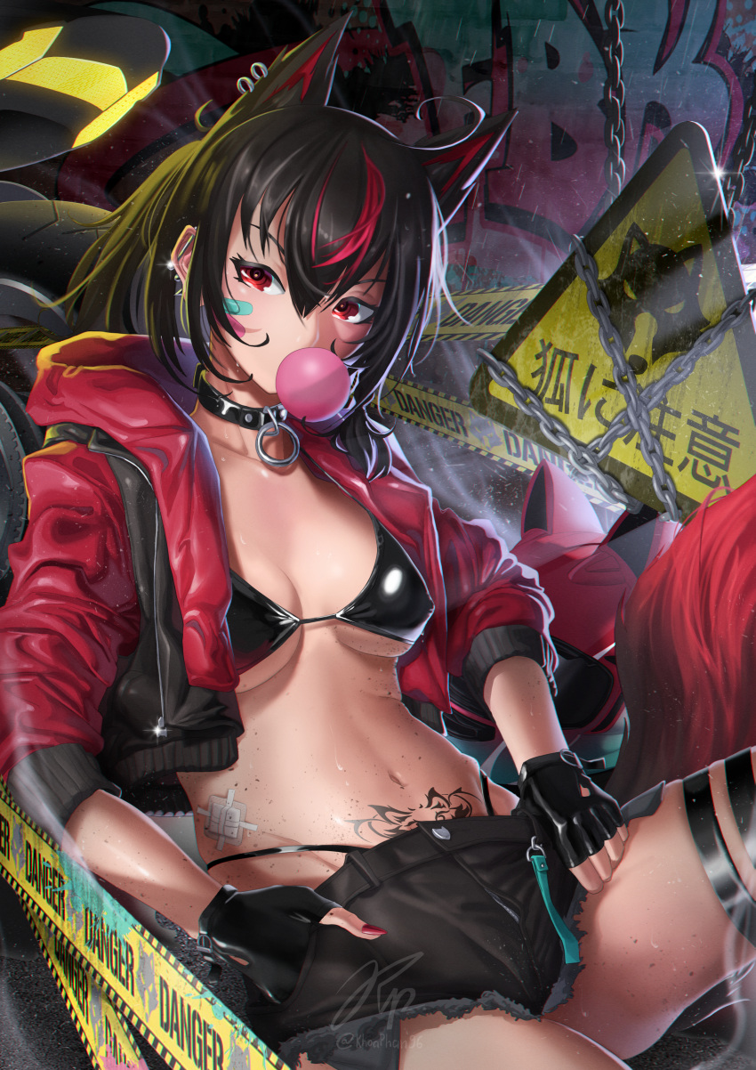 1girls absurdres ahoge animal_ears bandaid bandaid_on_face bangs bare_midriff bare_thighs bikini black_bikini black_choker black_gloves black_hair black_shorts breasts chains chewing_gum choker cropped_jacket ear_piercing extra_ears female female_only fingerless_gloves fox_ears gloves hair_between_eyes highres hololive hololive_gamers hololive_gen_1 hololive_japan jacket khoaphan96 kurokami_fubuki long_sleeves looking_at_viewer medium_breasts micro_shorts midriff multicolored_hair nail_polish open_clothes open_jacket piercing pubic_tattoo red_eyes red_hair red_jacket red_nails shorts sign solo streaked_hair string_bikini swimsuit tattoo text thigh_strap thighs translation_request virtual_youtuber warning_sign