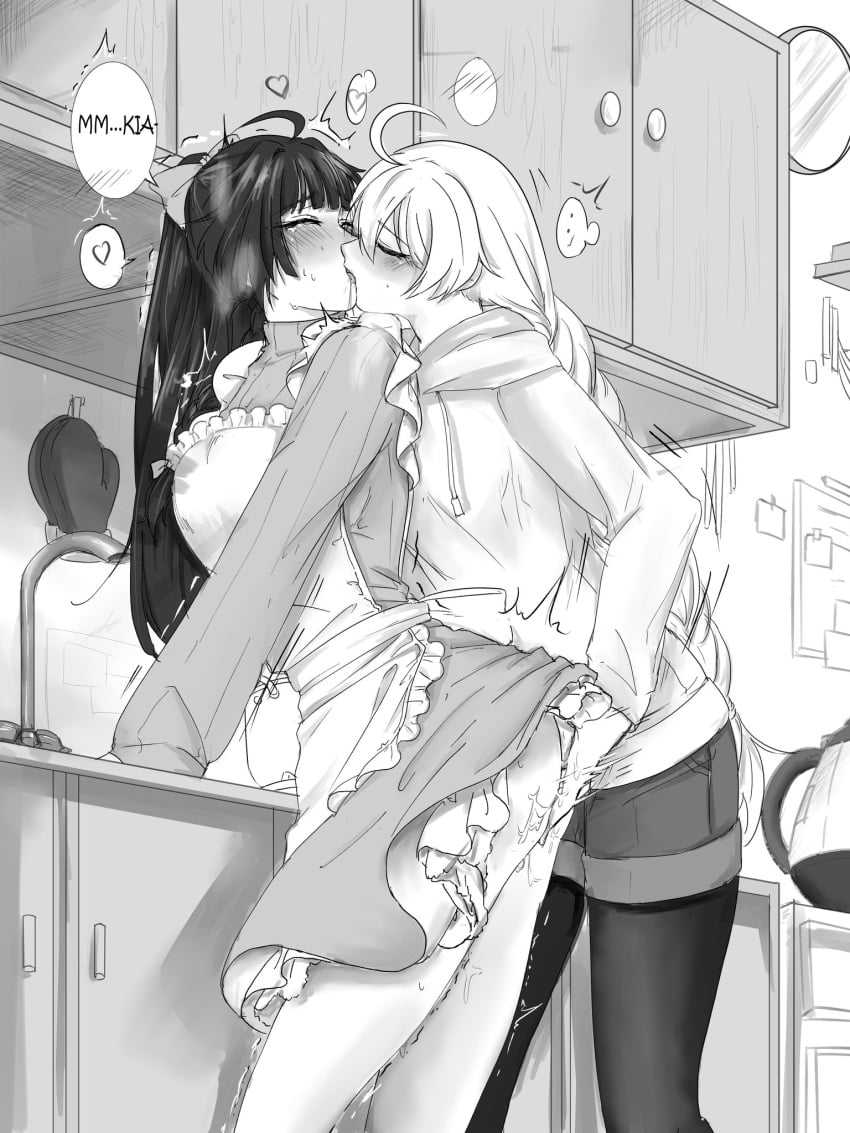 ... 2girls ahoge apron ass bangs black_hair blush braid braided_ponytail cabinet closed_eyes dress fingering fingering_from_behind frilled_apron frills greyscale hair_ribbon heart highres honkai_(series) honkai_impact_3rd hood hoodie kiana_kaslana kissing kitchen long_hair monochrome motion_lines multiple_girls oven_mitts ponytail raiden_mei ribbon saliva shorts songqi53060837 speech_bubble spoken_blush spoken_ellipsis spoken_heart standing trembling very_long_hair white_hair white_hoodie yuri