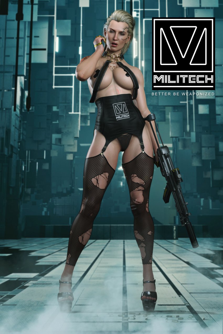 1girls 3d big_breasts blonde_hair breasts busty cleavage cyberpunk_2077 female female_focus gun high_heels hourglass_figure jinxie_lizzy meredith_stout panties pasties platform_heels solo solo_female suppressor tattoo wide_hips