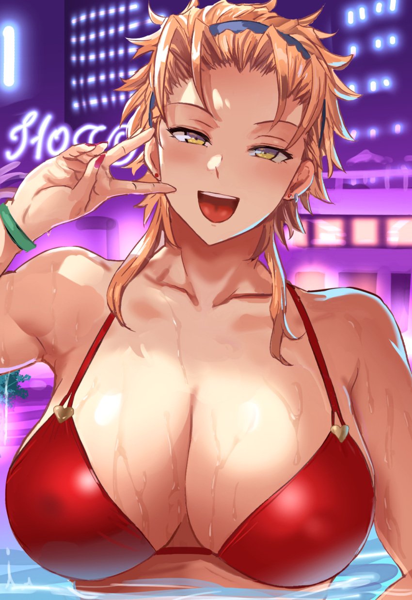 big_breasts bikini cleavage daraz18aka female female_focus female_only highschool_of_the_dead hotd large_breasts looking_at_viewer orange_hair partially_submerged peace_sign pool red_bikini smiling_at_viewer v_sign wet wet_skin yellow_eyes yuuki_miku