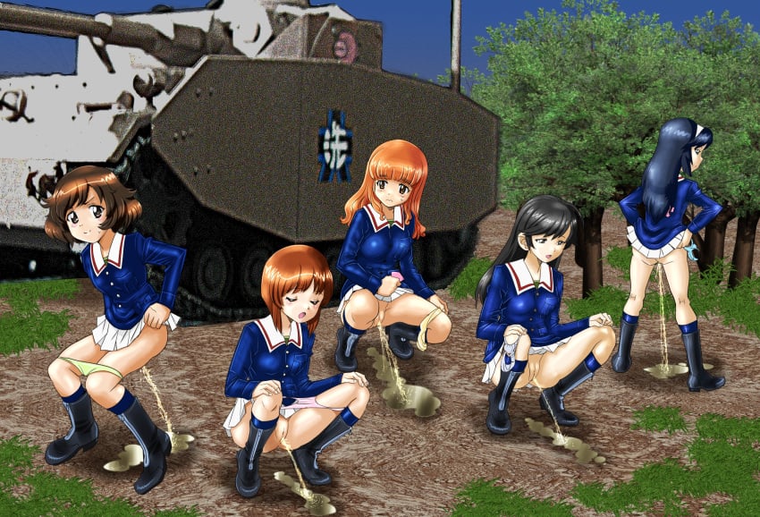 5girls akiyama_yukari black_hair blue_panties blue_socks boots brown_eyes brown_hair crouching e-senmio female_only girls_und_panzer group_pee isuzu_hana knee_boots knee_socks kneehighs kneesocks long_hair medium_breasts medium_hair multiple_girls nishizumi_miho orange_hair outside panties panties_around_leg peeing pink_panties reizei_mako school_uniform short_hair small_breasts socks squatting standing takebe_saori tank white_panties