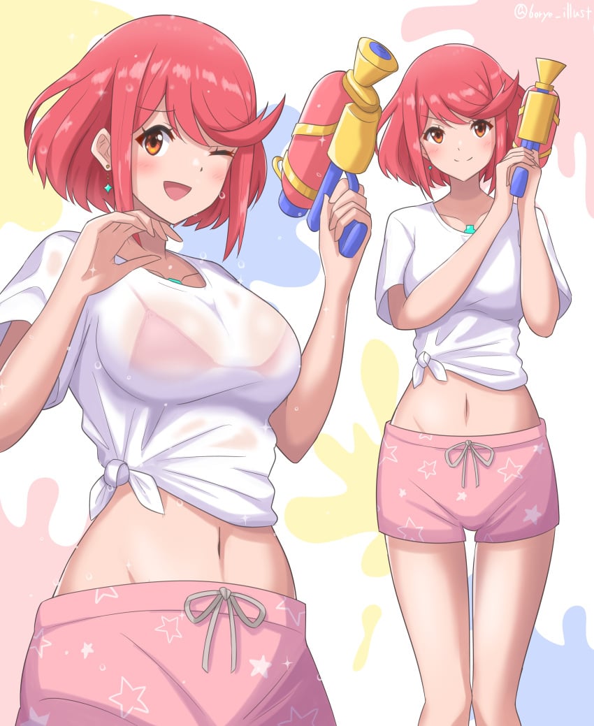 1girls 6oryo_illust ;d absurdres bangs bikini breasts chest_jewel cute drop_earrings earrings highres holding holding_water_gun jewelry large_breasts looking_at_viewer multiple_views navel nintendo one_eye_closed open_mouth pyra red_bikini red_eyes red_hair see-through shirt short_shorts short_sleeves shorts smile swept_bangs swimsuit tied_shirt twitter_username water_gun wet wet_clothes white_shirt xenoblade_chronicles_(series) xenoblade_chronicles_2