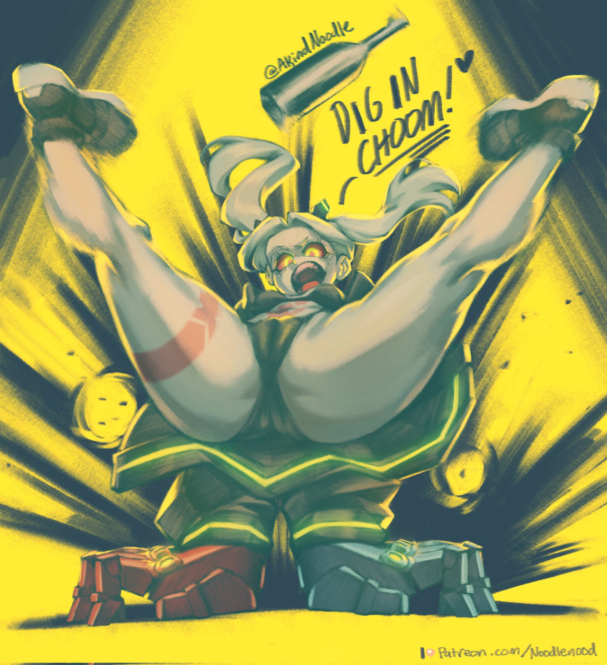 1girls aroodnoodle breasts cameltoe cybernetics cyberpunk:_edgerunners cyberpunk_2077 cyborg female female_only flat_chest legs legs_up noodlenood pose rebecca_(edgerunners) red_sclera robotic_arm small_breasts solo solo_female spread_legs thick_thighs thighs twintails yellow_eyes young