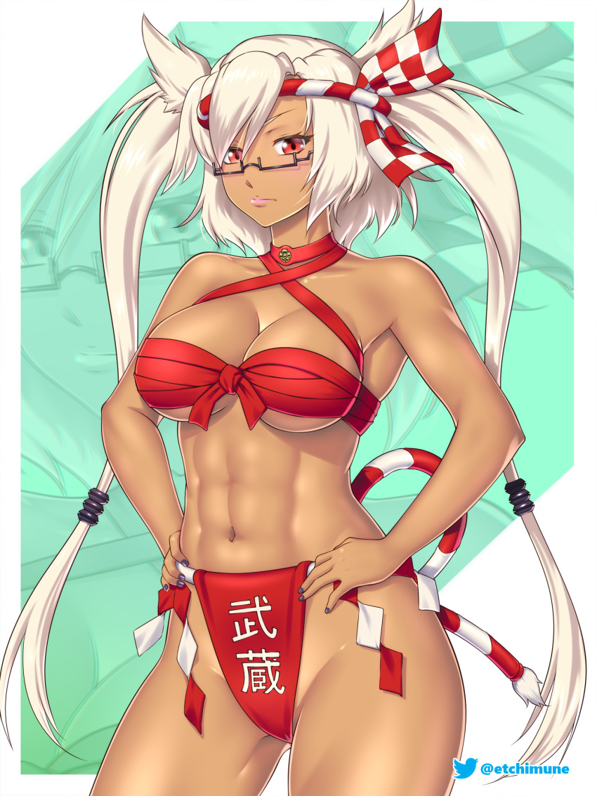 abs black_nails breasts commission commissioner_upload cowboy_shot dark-skinned_female dark_skin etchimune female fundoshi glasses hair_between_eyes halterneck highres japanese_clothes kantai_collection large_breasts musashi_(kantai_collection) muscular muscular_female nail_polish platinum_blonde_hair rectangular_eyewear red_eyes red_fundoshi rope sarashi semi-rimless_eyewear shimenawa solo standing twintails twitter_username underwear underwear_only