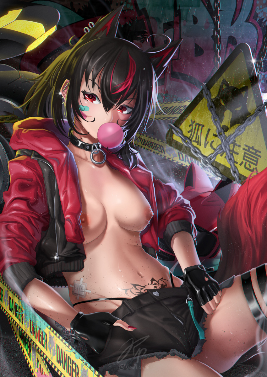 1girls absurdres ahoge animal_ears bandaid bandaid_on_face bangs bare_midriff bare_thighs black_choker black_gloves black_hair black_shorts breasts chains chewing_gum choker cropped_jacket ear_piercing extra_ears female female_only fingerless_gloves fox_ears gloves hair_between_eyes highres hololive hololive_gamers hololive_gen_1 hololive_japan jacket khoaphan96 kurokami_fubuki long_sleeves looking_at_viewer medium_breasts micro_shorts midriff multicolored_hair nail_polish nipples open_clothes open_jacket piercing pubic_tattoo red_eyes red_hair red_jacket red_nails shorts sign solo streaked_hair tattoo text thigh_strap thighs translation_request virtual_youtuber warning_sign