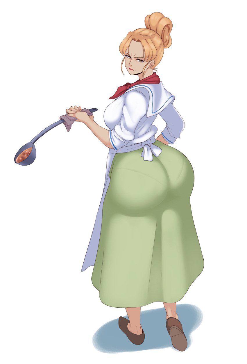 1girls apron ass_in_dress big_ass big_breasts blonde_hair chef chef_uniform cook dat_ass female female_only green_skirt jessica_(one_piece) long_skirt looking_back marine_(one_piece) one_piece outline red_lipstick solo solo_female solo_focus sunnysundown